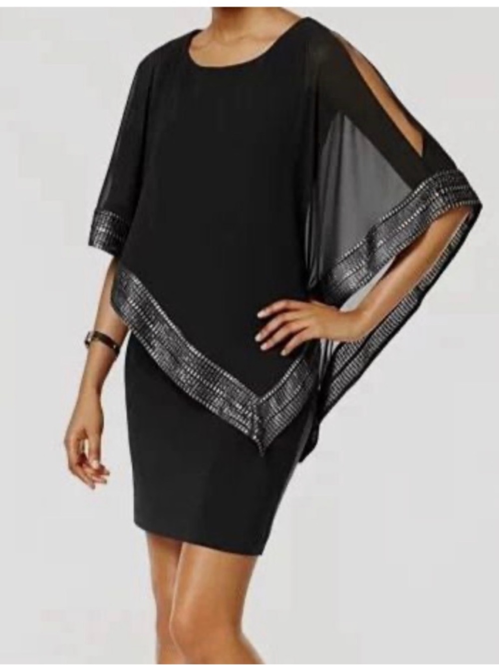 SLNY Black Dress with Sheer Cape Sleeves and Silver Embellished Trim